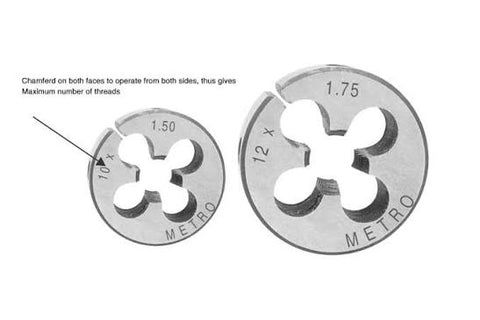 Metro Carbon Steel Round Dies — double chamfered, BSW & metric sizes, 13/16" to 3" outer dia