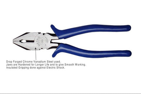 Metro Combination Plier 8" — drop forged, hardened jaws, insulated grip. Available in CRV & alloy steel.