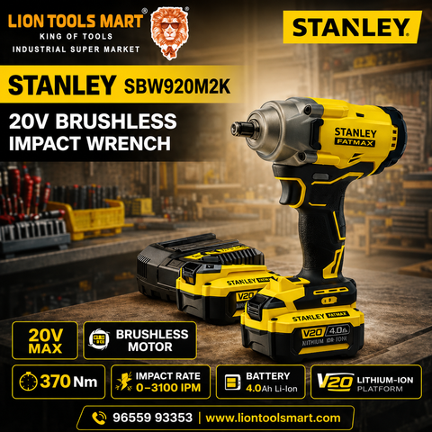 Stanley, Stanley Impact Wrench, Stanley SBW920M2K, 20V Impact Wrench, Brushless Impact Wrench, 370Nm Impact Wrench, Cordless Impact Wrench, Impact Wrench Kit, Battery Impact Wrench, Power Wrench, Automotive Tools, Mechanic Tools, Workshop Tools, Cordless Power Tool, Professional Impact Wrench