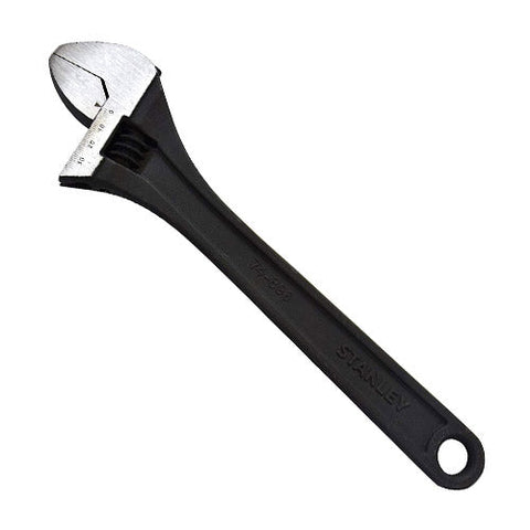 Stanley STMT74895-8 10 Inch (250mm) Adjustable Wrench with forged Chrome Vanadium steel, black phosphate finish, laser-etched jaw scale, and built-in tension spring. Ideal for plumbing, automotive repair, workshops, and industrial maintenance.