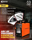 Ralli Wolf RW20A ARC200 portable IGBT welding machine. 200A, single phase, lightweight 3.4kg, accessories included. Ideal for home & light use.