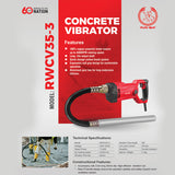 RALLIWOLF RWCV35-3 Concrete Vibrator 1100W with 35mm × 3M High-Efficiency Vibration Rod, 4400 RPM Heavy Duty Electric Concrete Compaction Machine