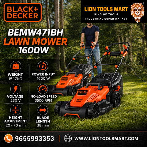 Black and orange Black+Decker BEMW471BH 1600W lawn mower shown in a grassy wooded setting with a man pushing it. The image includes marketing text, product specs, and the Lion Tools Mart contact information.

