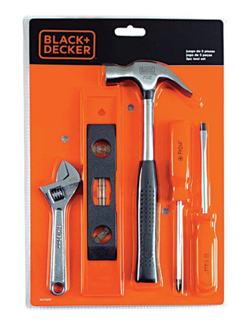 Black & Decker BD75915 5 Pc Tool Set with Wrench, Hammer, Level & Screwdrivers – Compact Steel Hand Tool Kit for Home Repair, Furniture Assembly, Maintenance & DIY Projects