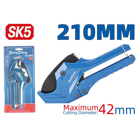 DongCheng HD113042 210mm Automatic Quick-Open Ratcheting PVC Pipe Cutter (3–42mm Capacity, SK5 Blade)