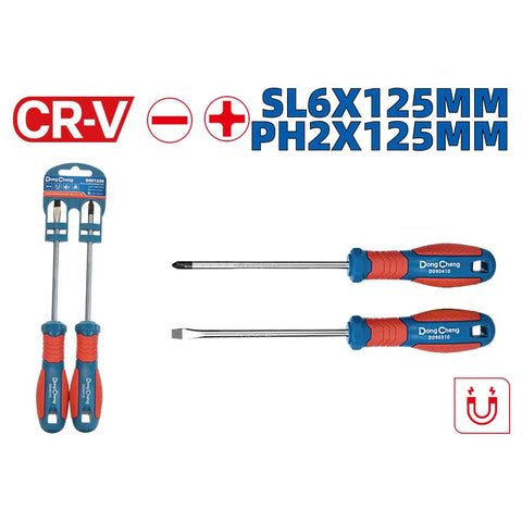 Order DongCheng HD091250 2 PCS Screwdriver Set at Pioneer Power Tools. Includes SL6 x 125mm & PH2 x 125mm CR-V magnetic screwdrivers with soft grips. Buy online!