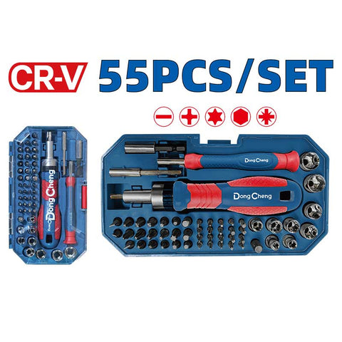 DongCheng HD092502 55-Piece Precision & Heavy-Duty Screwdriver Bit, Socket & Ratchet Handle Set (CR-V Steel)
