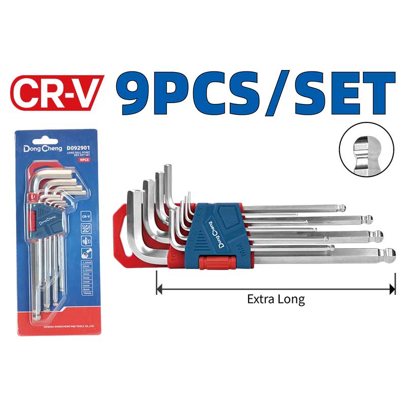 DongCheng HD092902 9-Piece Extra Long Arm Ball Point Chrome-Plated Chrome Vanadium (CR-V) Metric Hex Key Set (1.5–10mm