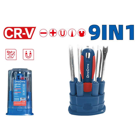 DongCheng HD091207 9-in-1 Interchangeable Multi-Bit Screwdriver Set with Tack Removers & Scratch Awl (CR-V Steel)