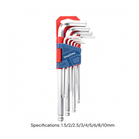 DongCheng HD092900 9-Piece Standard Length Ball Point Chrome-Plated Chrome Vanadium (CR-V) Hex Key Set (1.5–10mm)