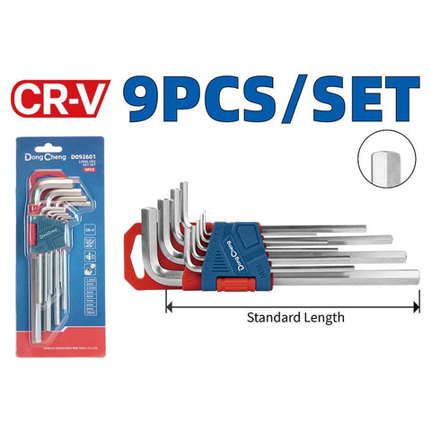 DongCheng HD092600 9-Piece Standard Length Chrome-Plated Chrome Vanadium (CR-V) Metric Hex Key Set (1.5–10mm)