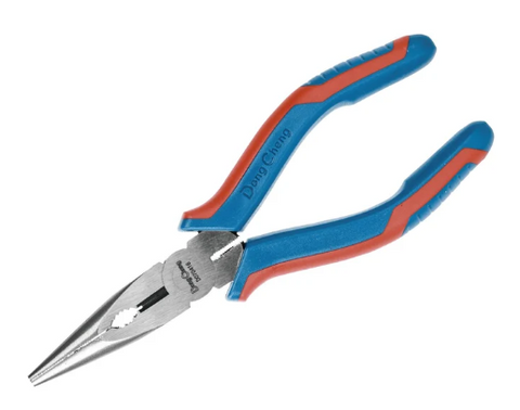 DongCheng Long Nose Pliers 8 Inch / 200mm, 62 HRC High Hardness, Copper/ Iron/ Steel Wire Cutting Capacity, Two-Color Handle