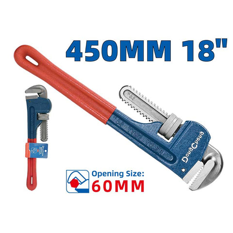 Dongcheng Heavy Duty Pipe Wrench 18 Inch 450 mm – 60 mm Maximum Clamping Diameter, Drop-Forged Carbon Steel Mobile Jaw