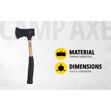 The Stanley 54-105 560g (20 Oz) Camp Axe features a hardened carbon steel head and durable steel shaft for reliable wood-cutting performance.