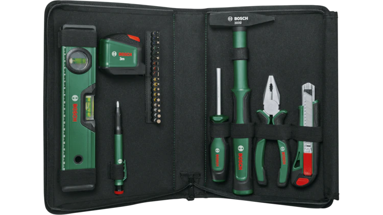 Bosch Universal Hand Tool Set 25-Piece | Pliers, Hammer, Ratchet Screwdriver, Level & Bits