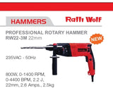Ralli Wolf RW22-3M 22mm Rotary Hammer online at Pioneer Power Tools. Features 800W copper motor, 2.2J impact energy & safety clutch