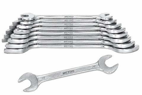 METRO Double Open End Spanner Set Chrome Vanadium CRV, Professional Multi-Size Open End Wrench Set for Automotive & Workshop Applications