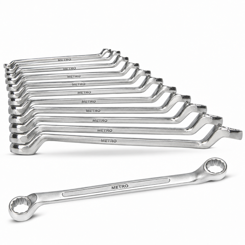 METRO Shallow Offset Ring Spanner Set Chrome Vanadium CRV, Professional Multi-Size Ring Wrench Set for Automotive, Mechanical & Workshop Applications