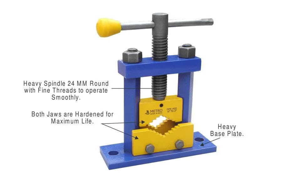 Metro Pipe Vice heavy duty — hardened jaws, 24mm spindle, 1/2" to 4" capacity. For plumbing & pipefitting