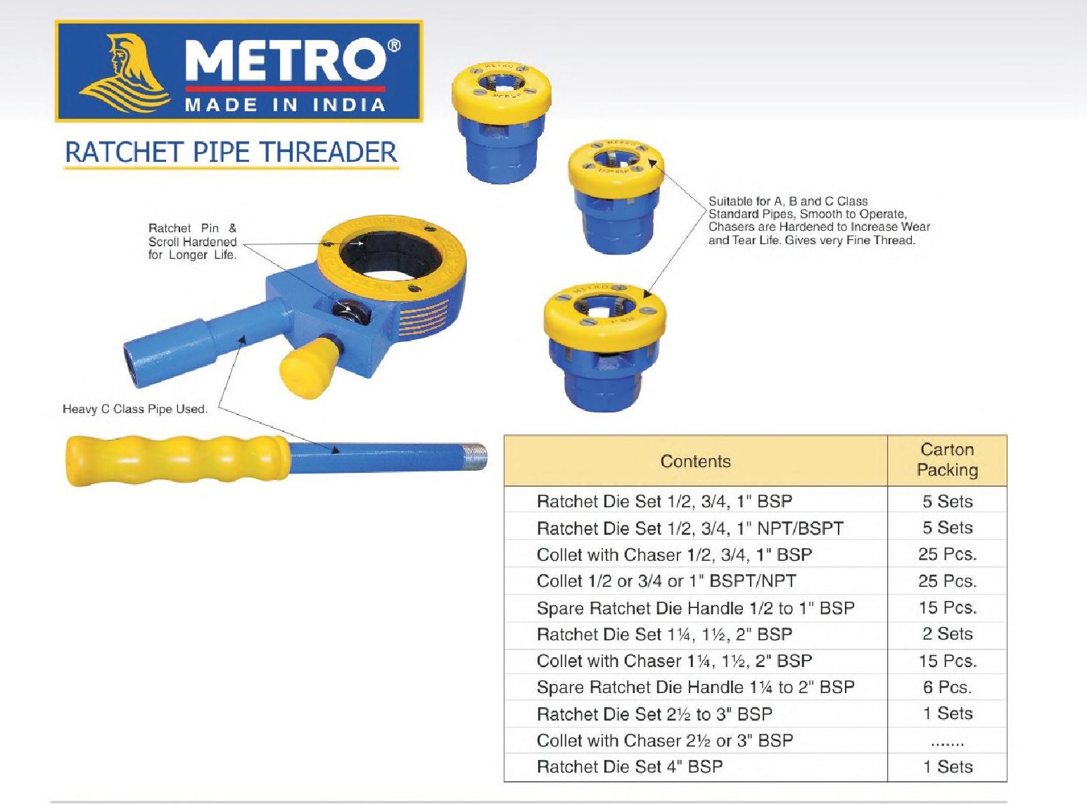 Metro Ratchet Pipe Threader – Heavy C Class, Hardened Ratchet Pin & Scroll, 1/2" to 4" BSP