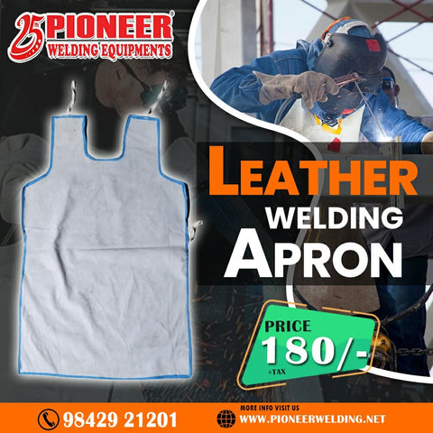 Pioneer white leather welding apron with blue trim for spark protection