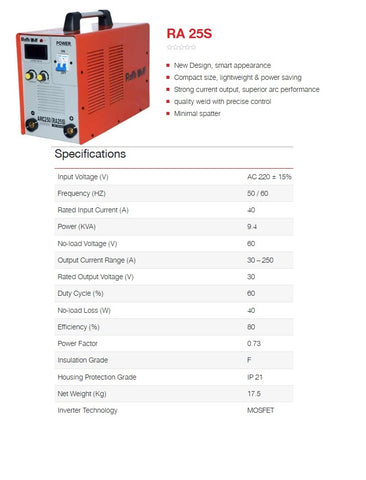Ralli Wolf RA25S ARC 250 inverter welding machine 30-250A for fabrication and maintenance