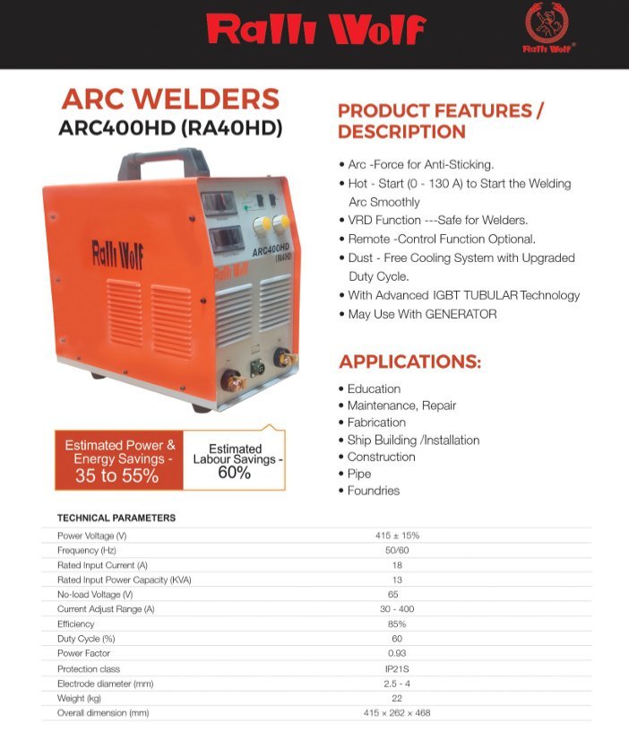 alli Wolf RA40HD ARC400HD IGBT inverter welding machine. 400A, 415V 3-Phase, generator compatible, VRD safety, dust-free cooling