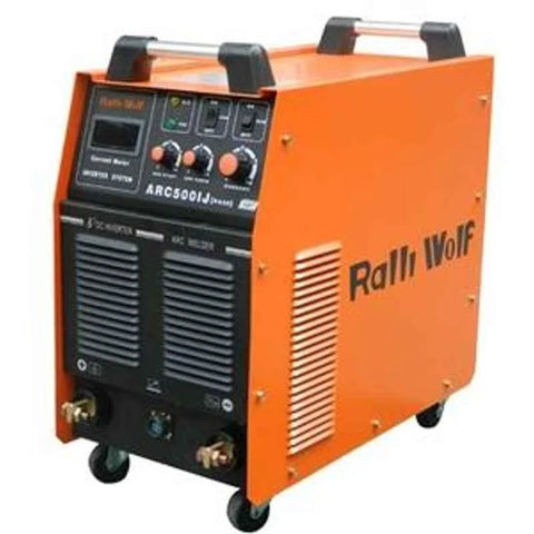 Ralli Wolf RA50 ARC500IJ IGBT inverter welding machine. 500A, 415V 3-Phase, mobile trolley design, VRD safety. Ideal for heavy-duty industrial welding.