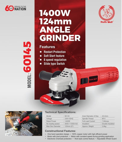 RALLIWOLF 60145 125mm Angle Grinder 1400W, Variable Speed 3000–11000 RPM with Soft Start and Electronic Overload Protection for Grinding, Cutting and Fabrication