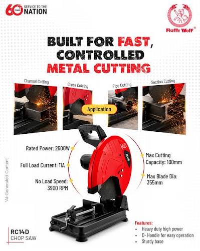 Ralli Wolf RC14D 2600W 14 inch 355mm cut-off machine for pipe, channel and metal section cutting