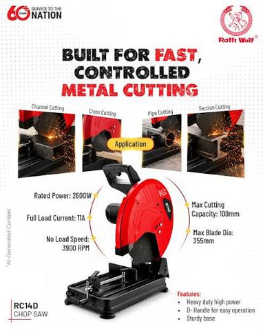 Ralli Wolf RC14D 2600W 14 inch 355mm cut-off machine for pipe, channel and metal section cutting