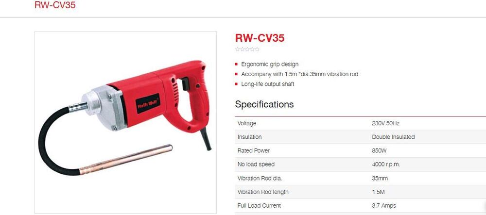 RALLIWOLF RWCV35 Concrete Vibrator 850W with 35mm × 1.5M Vibration Rod, 4000 RPM Heavy Duty Electric Concrete Compaction Machine