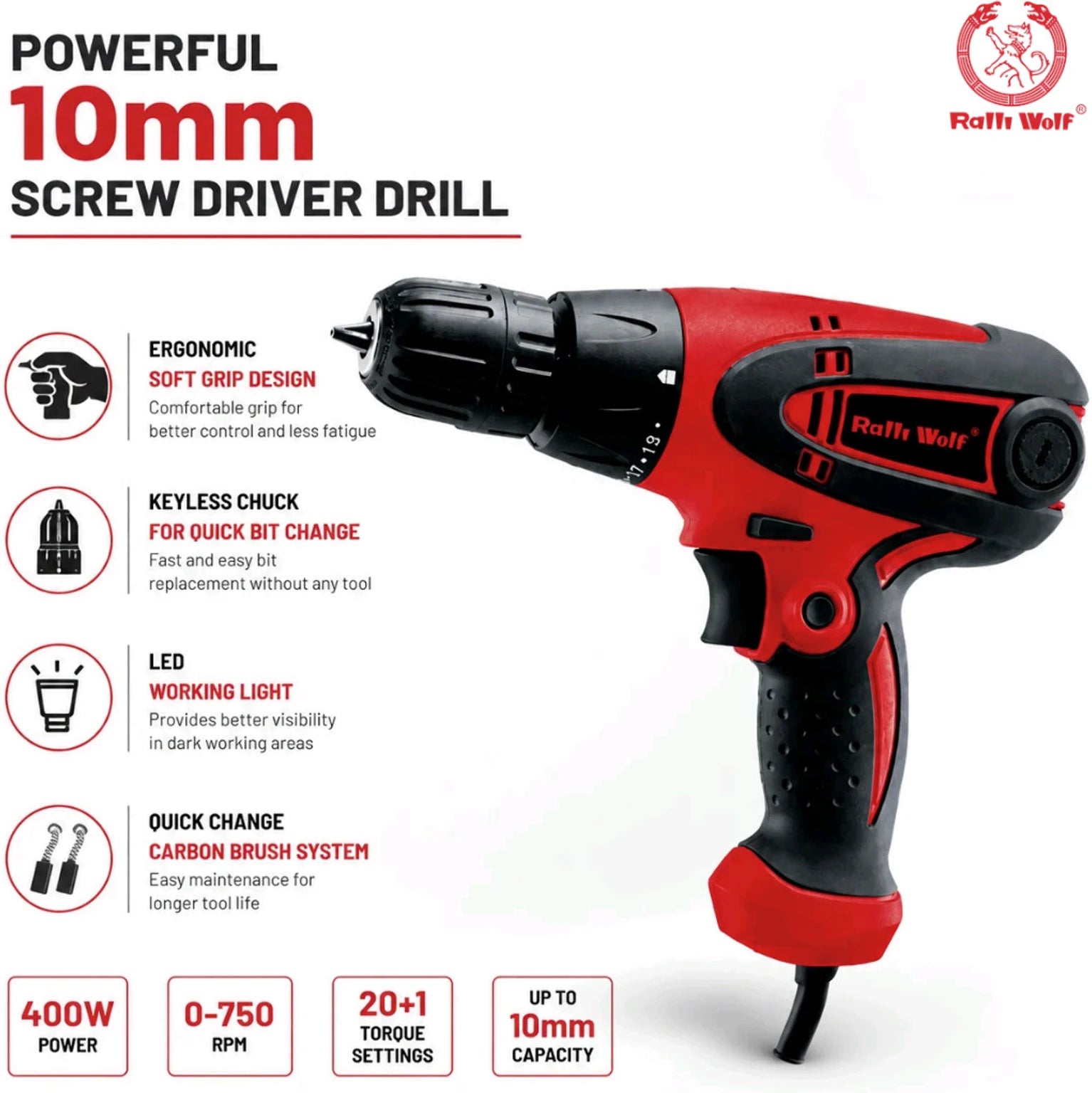 Ralli Wolf RW-SD10 400W 10mm screw drill with 20+1 torque settings for carpentry, drilling and fastening applications