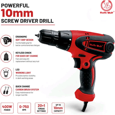 Ralli Wolf RW-SD10 400W 10mm screw drill with 20+1 torque settings for carpentry, drilling and fastening applications