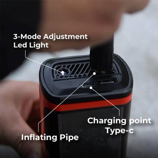 Ralliwolf RCAI-150 Li-Ion 4-in-1 Air Inflator with 150 PSI maximum pressure, digital display, LED/SOS light and multiple inflation accessories for cars, bicycles, motorcycles and balls.