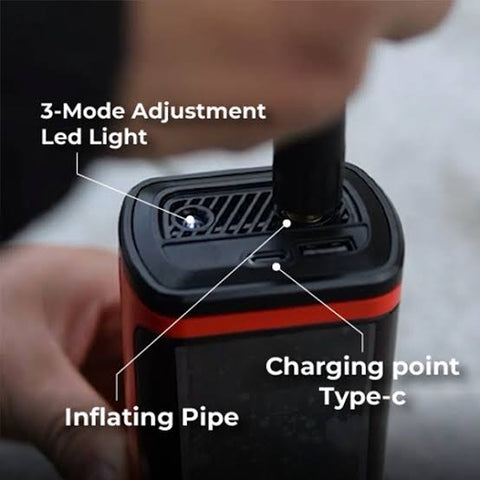 Ralliwolf RCAI-150 Li-Ion 4-in-1 Air Inflator with 150 PSI maximum pressure, digital display, LED/SOS light and multiple inflation accessories for cars, bicycles, motorcycles and balls.