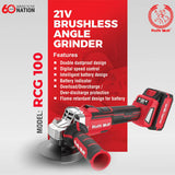 Ralli Wolf RCG 100 21V 4Ah brushless cordless angle grinder with variable speed control for metal grinding and cutting
