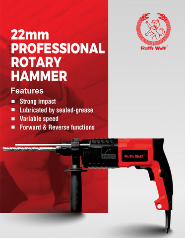 Ralli Wolf RW22RH rotary hammer — 22mm, 650W, variable speed, forward/reverse. Lightweight copper motor design. 