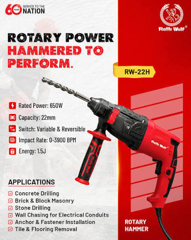 Ralli Wolf RW22-3M 22mm Rotary Hammer online at Pioneer Power Tools. Features 800W copper motor, 2.2J impact energy & safety clutch
