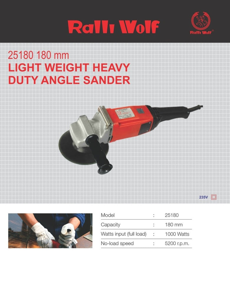 Ralli Wolf 25180 180mm Heavy Duty Angle Sander with 1000W power and 5200 RPM speed. Ideal for sheet metal, coach-building and finishing work