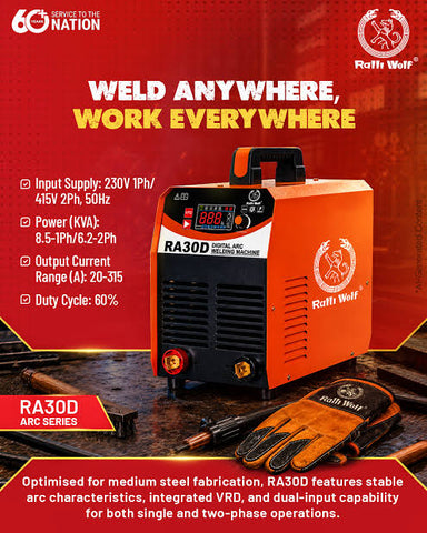 Ralli Wolf RA30D Digital ARC Welding Machine – 315 Amps 1Ph & 2Ph Inverter Welder with VRD, Arc Force, Hot Start & High Penetration