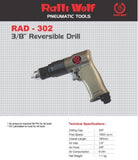 Ralli Wolf RAD302 pneumatic reversible drill — 3/8" capacity, 1800 RPM. Powerful motor holds speed under load