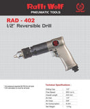 Ralli Wolf RAD402 pneumatic reversible drill — 1/2" capacity, high torque. Powerful motor holds speed under load