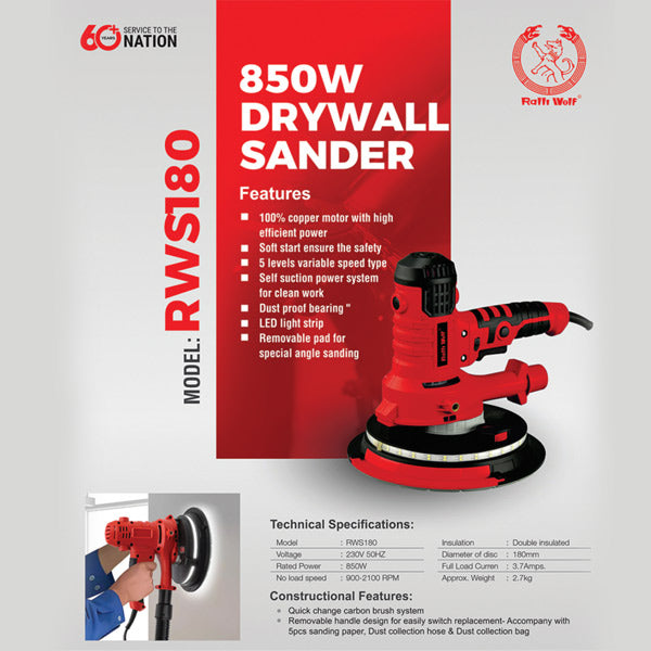 Ralli Wolf RWS180 850W Drywall Sander with 180mm disc, 900–2100 RPM variable speed, soft start, LED light and dust collection system.
