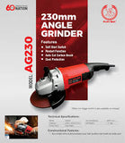 Ralli Wolf AG230 230mm angle grinder machine, 2400 watt 9 inch heavy duty grinder price, buy 230mm angle grinder with soft start online India, Ralli Wolf auto cut brush angle grinder 6800 rpm, heavy fabrication metal cutting 230mm grinder machine