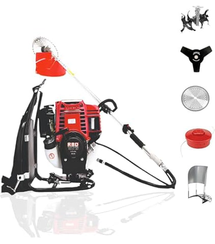 alli Wolf RBC-4S (BP) 4-stroke backpack brush cutter — 35.8cc, 0.85kW. Runs on plain petrol, no fuel mixing. 3 blades included. Buy online in India.