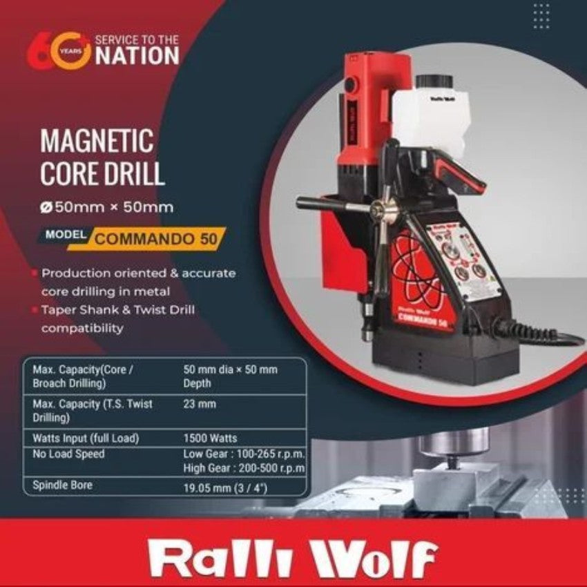 Ralli Wolf Commando 50 Magnetic Core Drilling Machine (1500W, 50mm, 6-Speed Variable & Reversible, MT2)