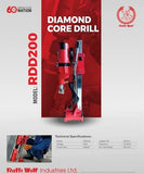 Ralli Wolf RDD200 3900W diamond core drill with 205mm capacity and 580 RPM for heavy-duty concrete and construction drilling