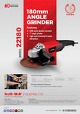 Ralli Wolf RG22-180 180mm angle grinder machine, 2200 watt 7 inch heavy duty angle grinder price, buy Ralli Wolf 180mm grinder with trigger switch online India, best weld dressing and rod cutting grinder 8400 rpm, M14 spindle 7 inch angle grinder for metal fabrication