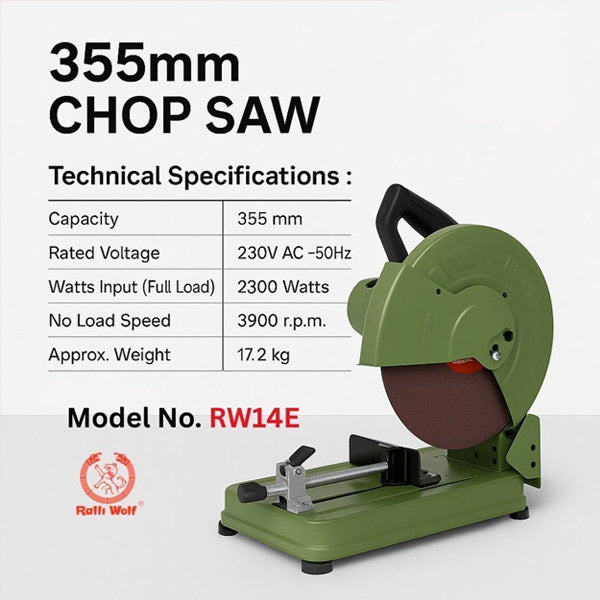 Ralli Wolf RW14 2300W 355mm cut-off machine for steel pipes, TMT rods and aluminium section cutting